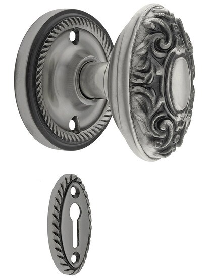 Rope Rosette Mortise Lock Set With Decorative Oval Knobs in Antique Pewter finish.